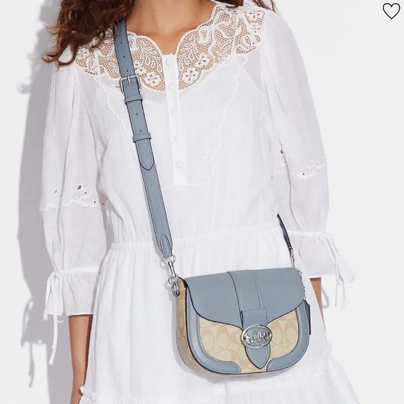 COACH Georgie Saddle Bag In Signature Canvas 
Silver/Light Khaki/Marble Blue - Picture 2 of 15